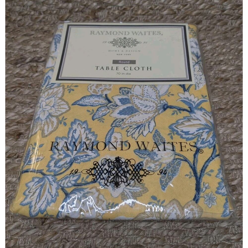 NEW Raymond Waites Fabric Cotton Tablecloth Blue Yellow White Floral Pattern 70"